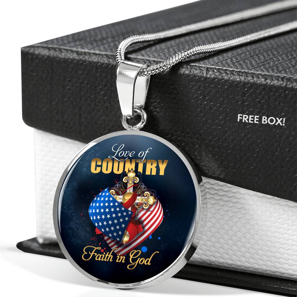 Christian Love of Country Faith in God Patriotic Heart Cross American Flag Circle Pendant Necklace