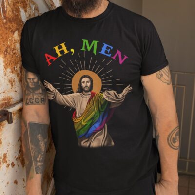 Alternative view of Ah Men Gay Jesus Christ Funny LGBT Gay Pride Rainbow Flag T-shirt - V-neck - LGBTQ Christian Shirt
