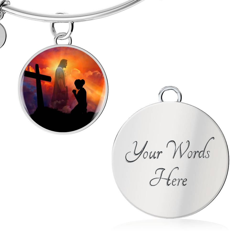 Women Kneeling Before Jesus Cross Christian Circle Necklace - Bangle