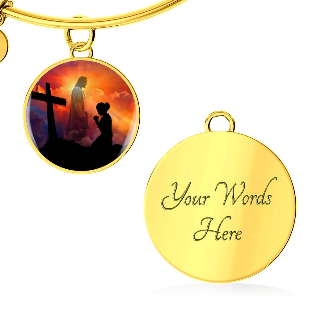Women Kneeling Before Jesus Cross Christian Circle Necklace - Bangle