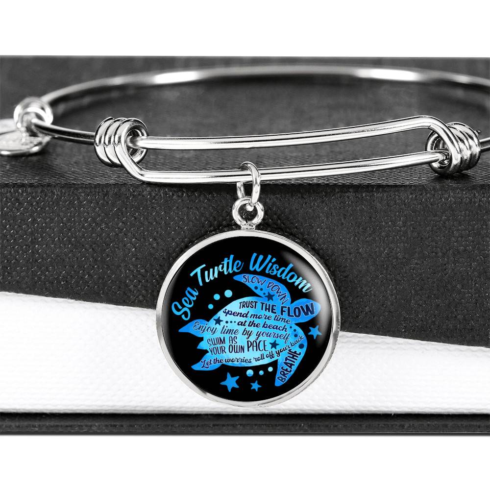 Blue Sea Turtle Wisdom Slow Down Spend More Time at the Beach Enjoy Time By Yourself Breathe Circle Pendant Necklace