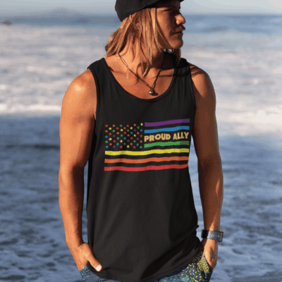 Alternative view of Proud Ally LGBT Flag Cotton Tank Top Tee - Ladies Racerback Tank - Proud Ally Rainbow Gay American Flag Tank