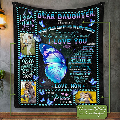 Personalized Photo Butterfly Dear Daughter Fleece Blanket - Mink Sherpa Blanket - Woven Blanket
