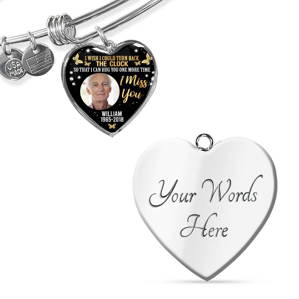 Personalized Photo I Wish I Could Turn Back The Clock So That I Can Hug You One More Time Heart Pendant Necklace - Bangle