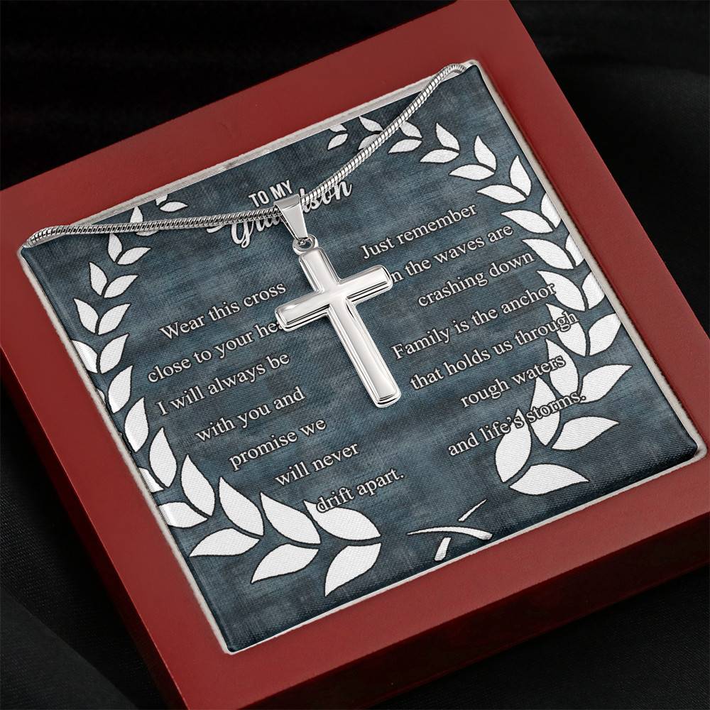 To My Grandson Wear This Cross Close to Your Heart I Will Always Be With You Artisan Crafted Cross Necklace