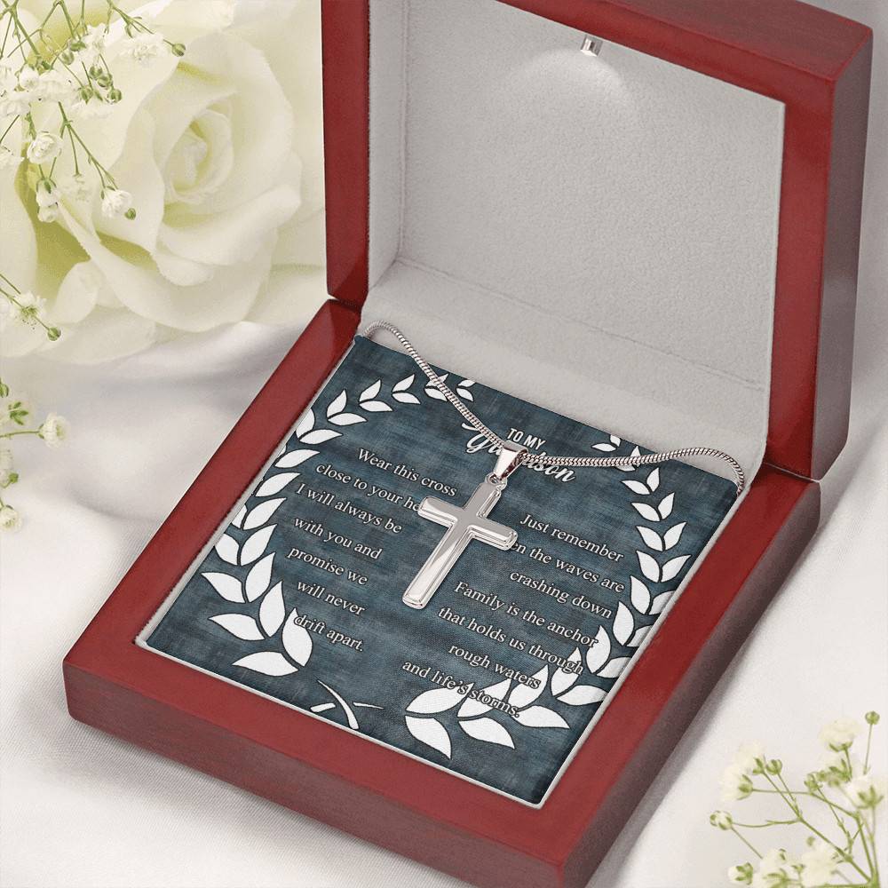 To My Grandson Wear This Cross Close to Your Heart I Will Always Be With You Artisan Crafted Cross Necklace