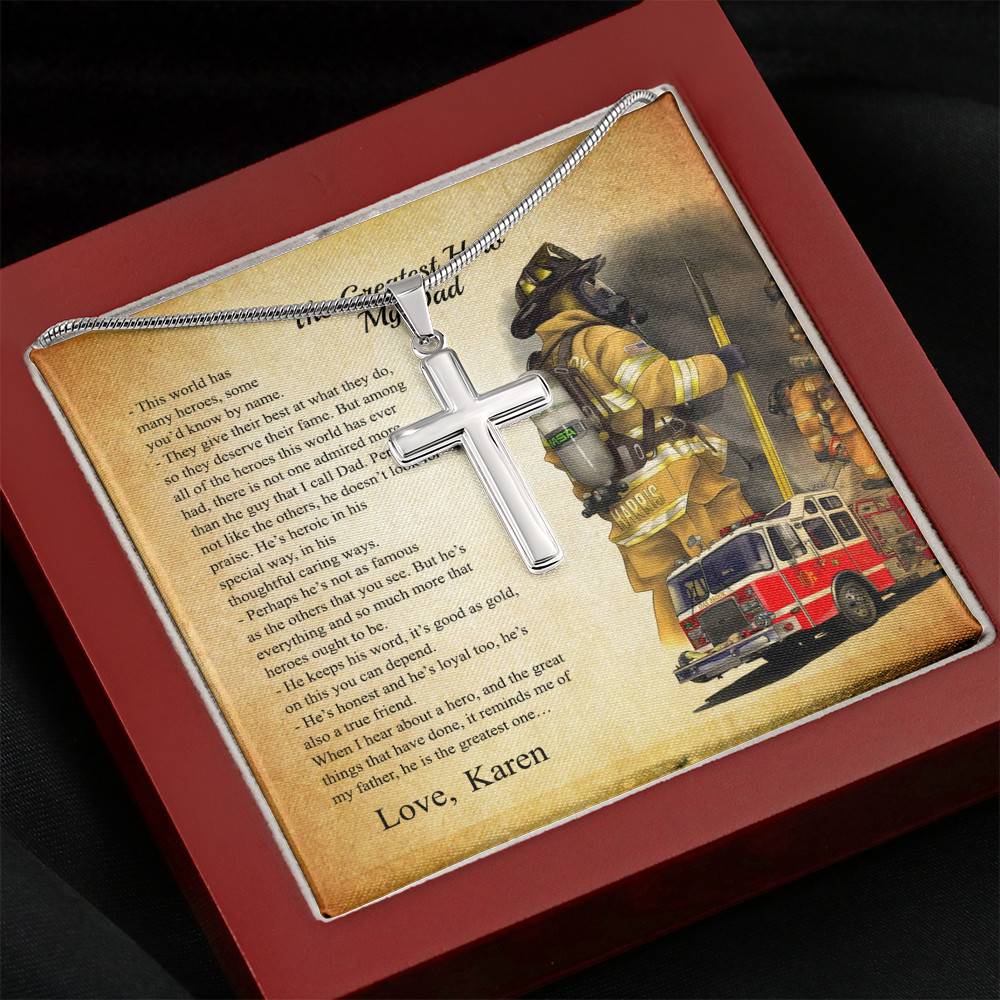 Personalized The Greatest Hero My Dad Firefighter Cross Pendant Necklace - Custom Gift For Firefighter Dad