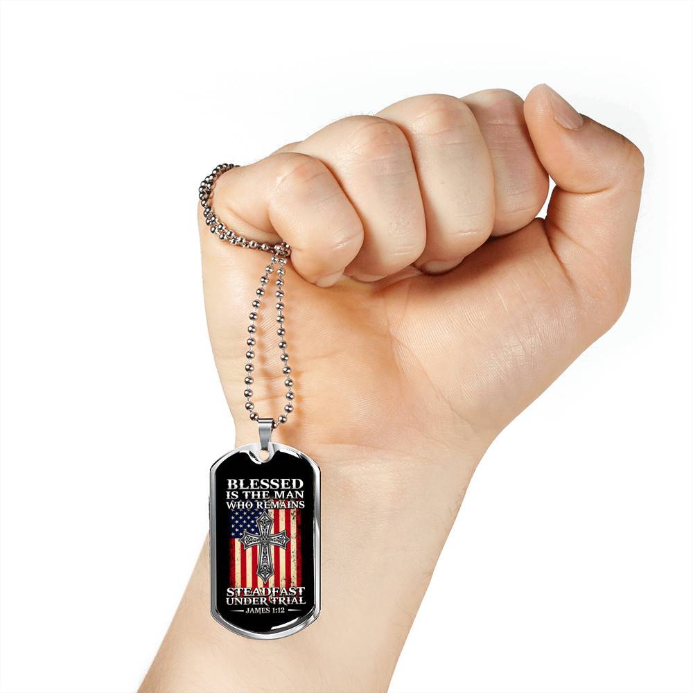 Blessed Is the Man Who Remains Steadfast Under Trial American Flag Cross Dog Tag Pendant Necklace