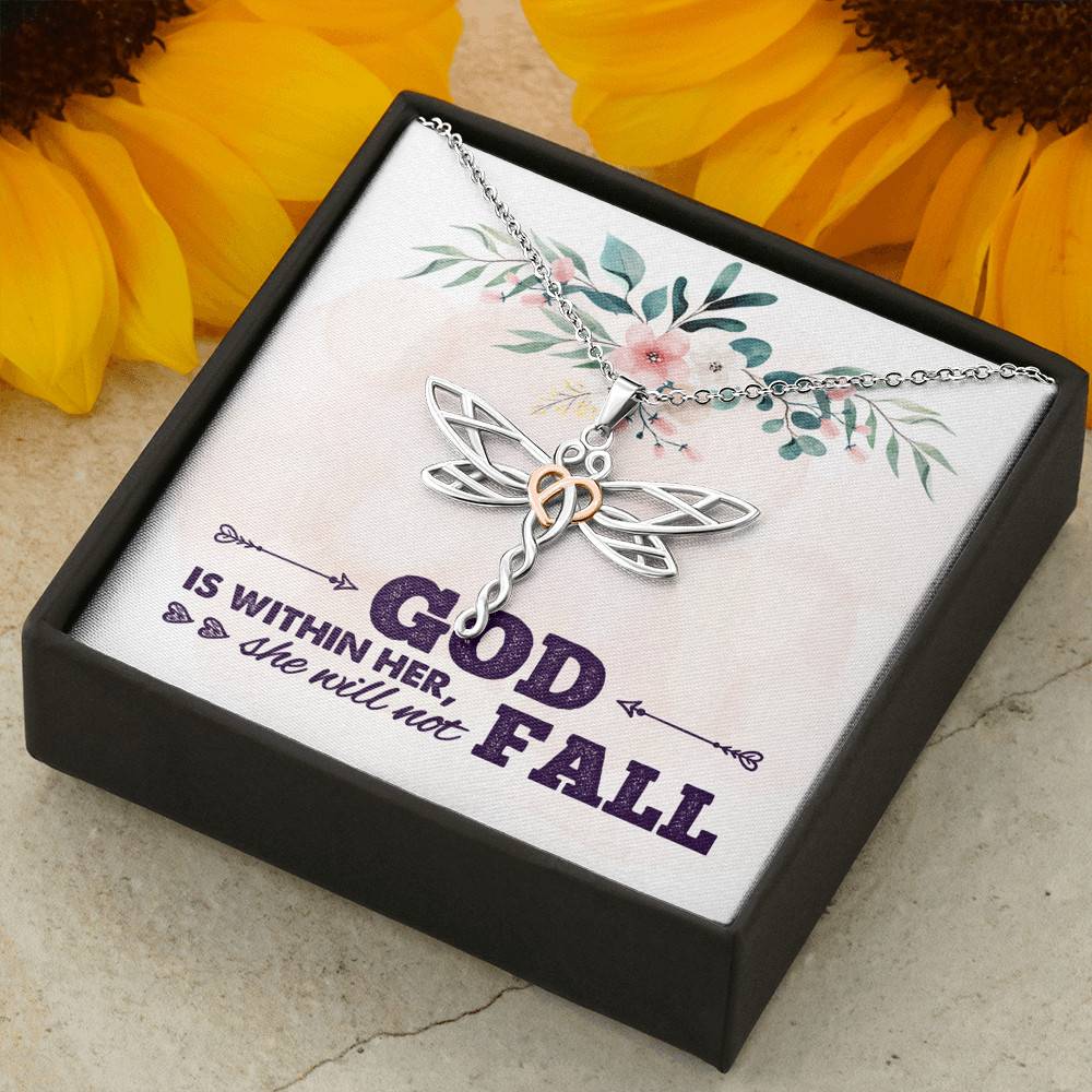 God is Within Her She Will Not Fall Dragonfly Pendant Necklace