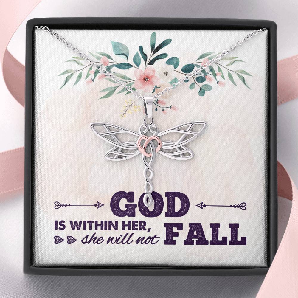 God is Within Her She Will Not Fall Dragonfly Pendant Necklace