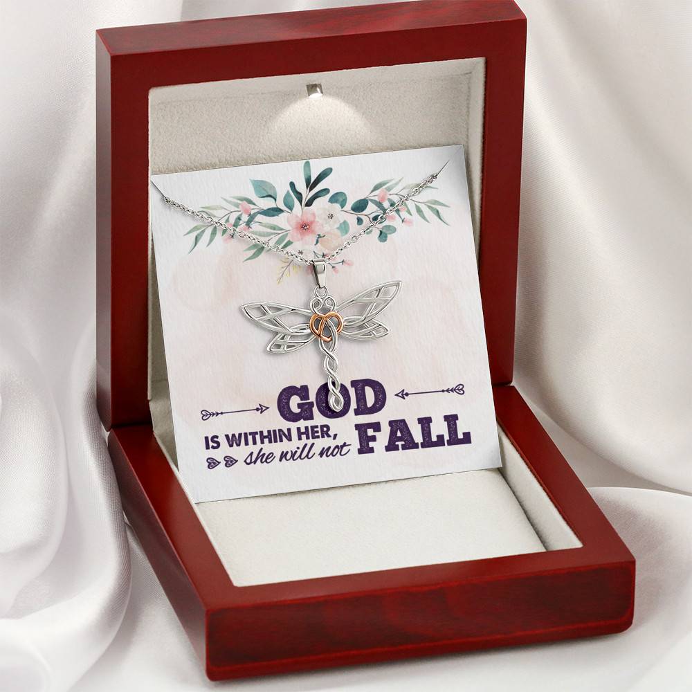 God is Within Her She Will Not Fall Dragonfly Pendant Necklace