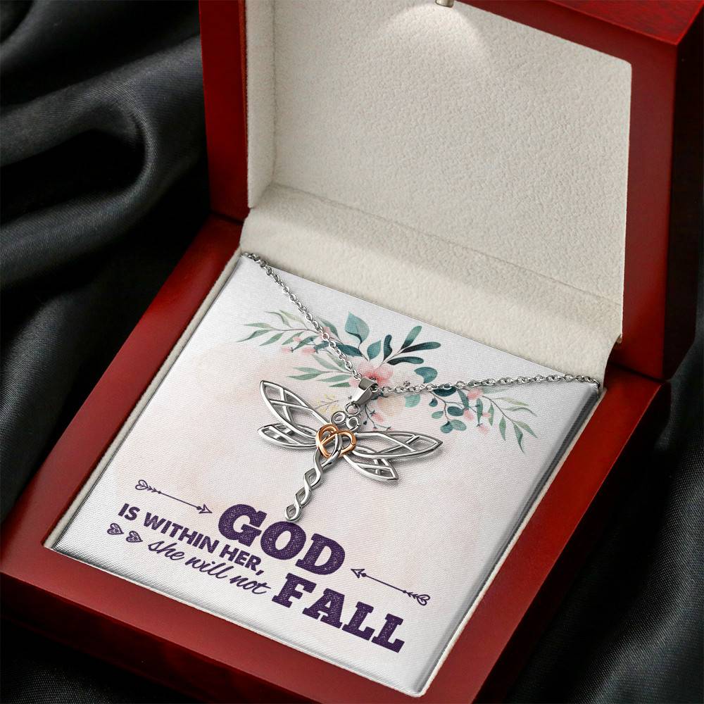 God is Within Her She Will Not Fall Dragonfly Pendant Necklace