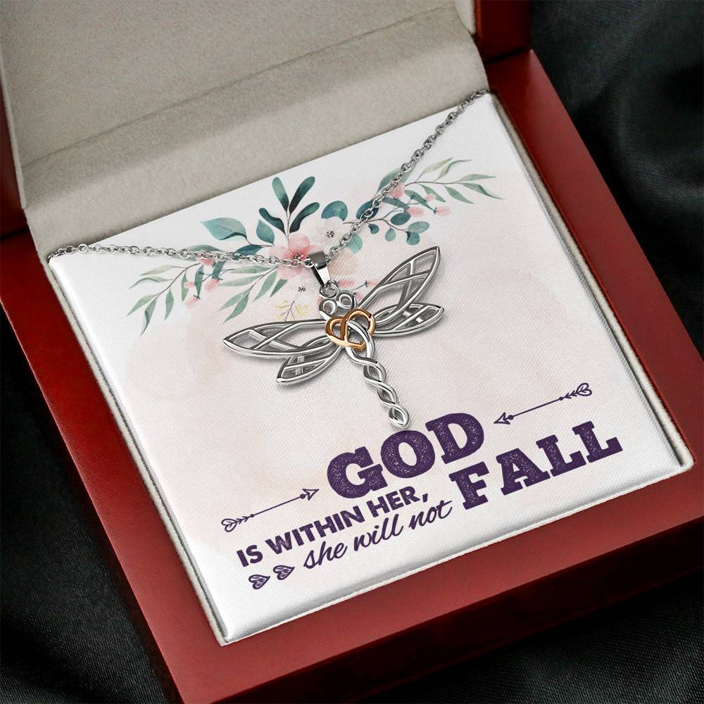 God is Within Her She Will Not Fall Dragonfly Pendant Necklace