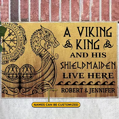 Personalized a Viking King and His Shieldmaiden Live Here Doormat - Vintage Viking Outdoor Doormat