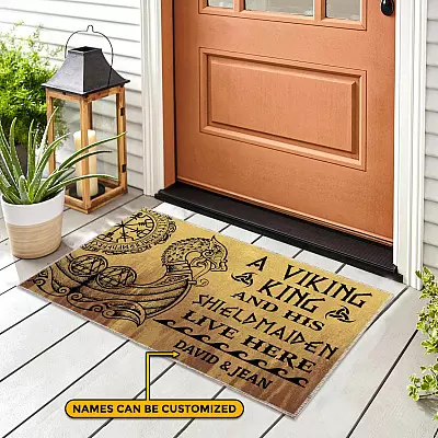 Alternative view of Personalized a Viking King and His Shieldmaiden Live Here Doormat - Vintage Viking Outdoor Doormat