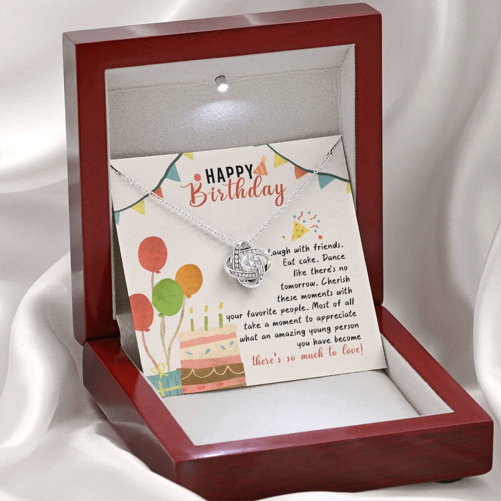 Happy Birthday Laugh With Friends Eat Cake There's So Much To Love Love Knot Necklace - Birthday Gift For Her