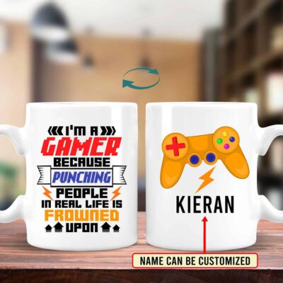 Alternative view of Personalized I'm a Gamer Because Punching People in Real Life Is Frowned Upon Double-Sided Ceramic Coffee Mug