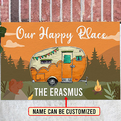 Personalized Camper Indoor Outdoor Doormat - Our Happy Place Doormat - Camping Lover Gifts