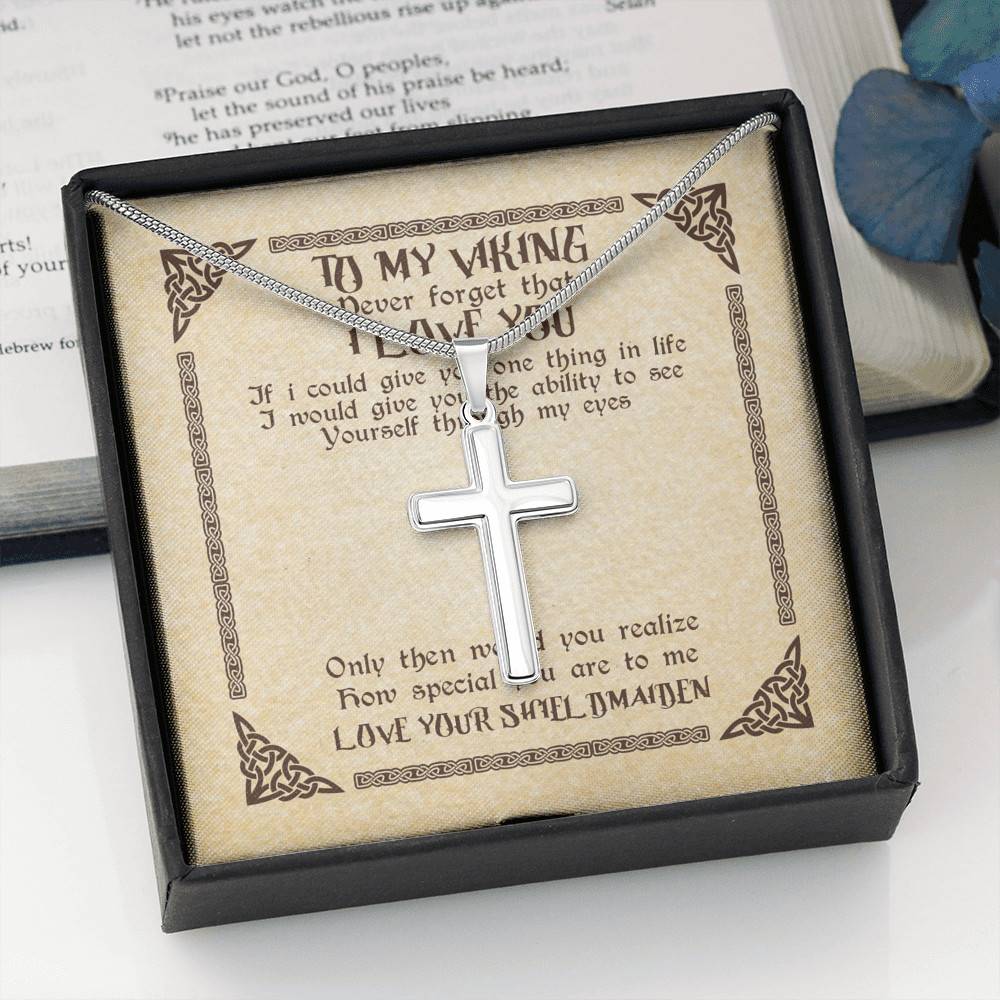 To My Viking Never Forget That I Love You Love Your Shieldmaiden Cross Pendant Necklace - Gift For Husband