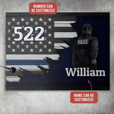 Personalized Police Badge Number Thin Blue Line Lives Matter American Flag Framed Canvas - Unframed Poster