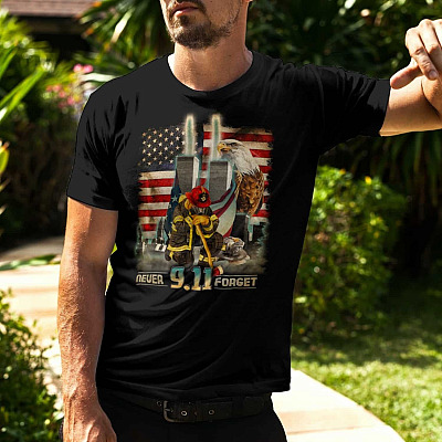 Alternative view of Never Forget September 11th American Flag Firefighters T-Shirt - 9/11 Firefighters Shirt