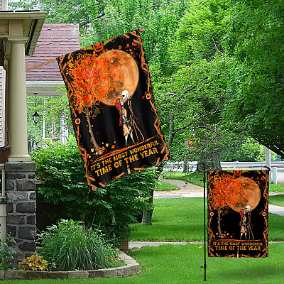 Alternative view of Jack Skellington and Sally It's the Most Wonderful Time of the Year Garden Flag - Funny Halloween House Flag