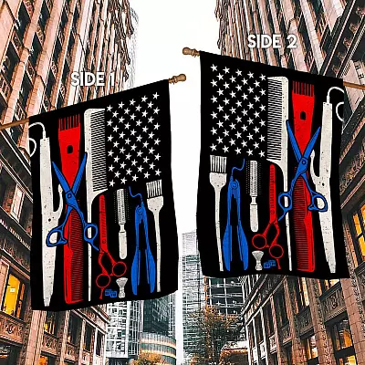 Alternative view of Proud American Barber Garden Flag - Hairdresser House Flag - Hair Stylist Wall Flag