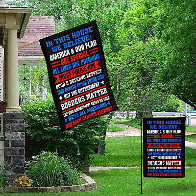 Alternative view of In This House We Believe America and Our Flag Are Special Decorative Flag - Indoor Outdoor Flag - House Flag
