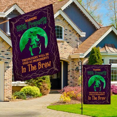 Alternative view of Halloween Warning Witch Property Trespassers Will Be Used as Ingredients Decorative Garden Flag - House Flag