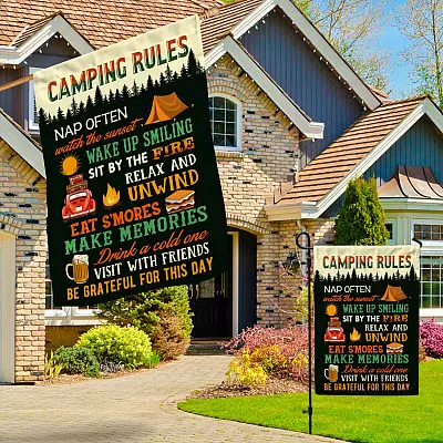 Alternative view of Camping Rules Sit By The Campfire Garden Flag - House Flag - Wall Flag - Funny Camping Flags