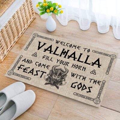 Alternative view of Welcome to Valhalla Fill Your Horn Viking Outdoor Indoor Doormat - Viking Rug Door Mat Housewarming Gift