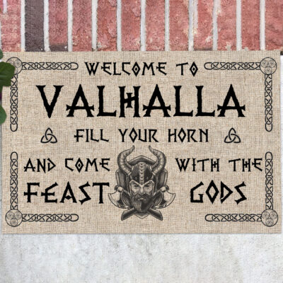 Welcome to Valhalla Fill Your Horn Viking Outdoor Indoor Doormat - Viking Rug Door Mat Housewarming Gift