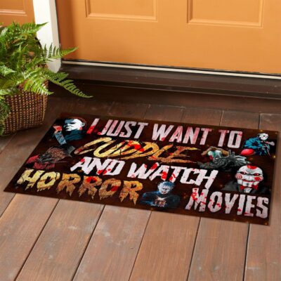 Alternative view of I Just Want To Cuddle And Watch Horror Movies Indoor Outdoor Doormat - Horror Friends Halloween Doormat