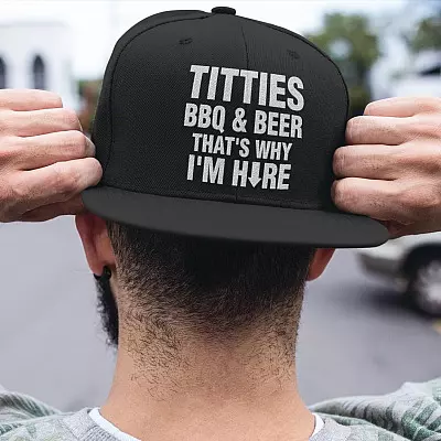 Alternative view of Titties BBQ And Beer That's Why I'm Here Twill Cap - High-Profile Snapback Hat - Beer Lover Trucker Hat