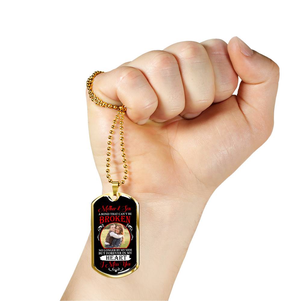 Personalized Photo Mother and Son a Bond that Can't Be Broken Dog Tag Pendant Necklace