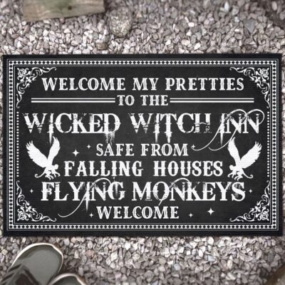 Welcome To Pretties To The Wicked Witch Inn Safe From Falling House Funny Halloween Outdoor Indoor Doormat