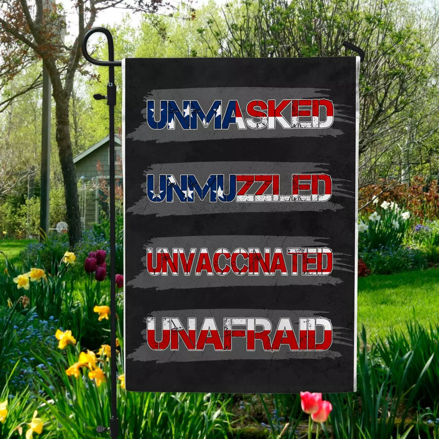 1O uu tien. Unmasked Unmuzzled (2) Garden Flag Mockup 5