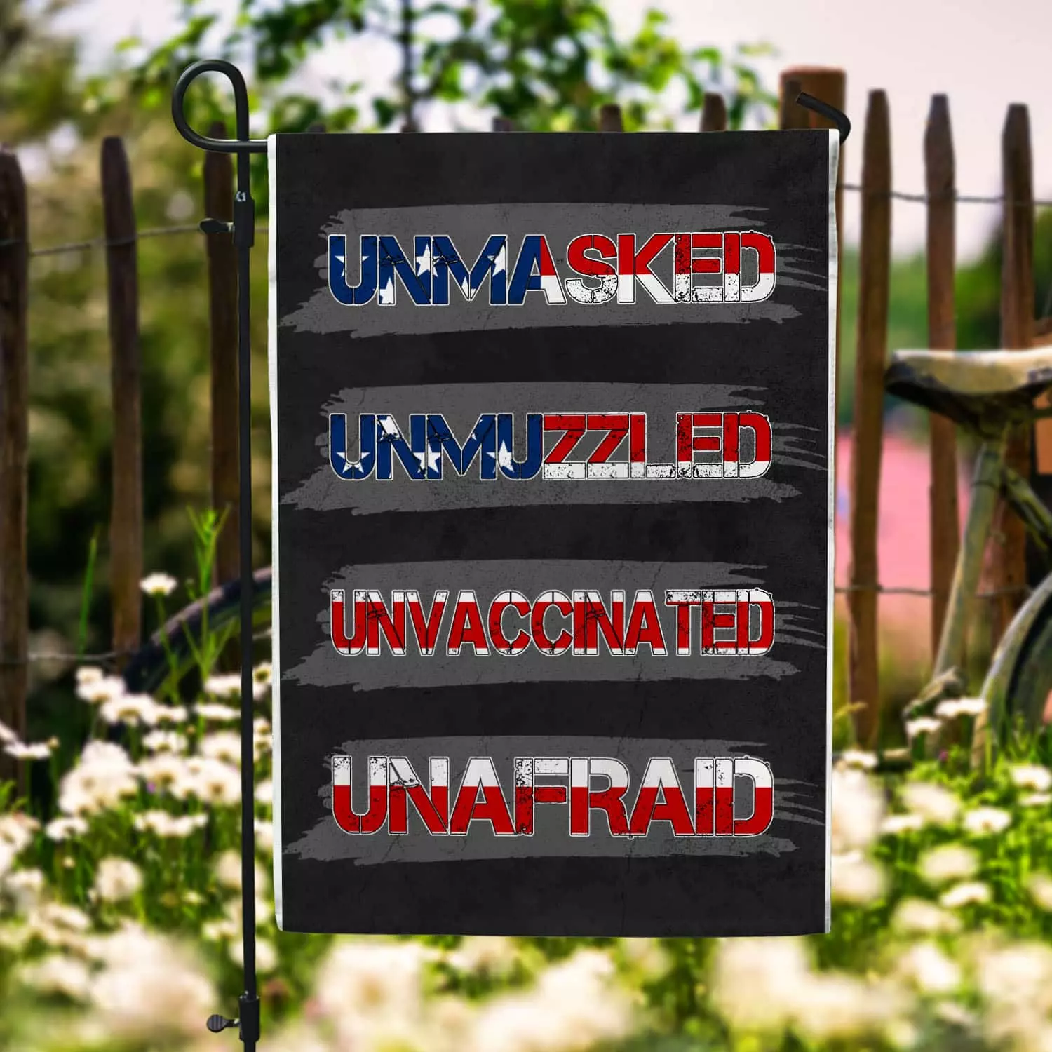 1O uu tien. Unmasked Unmuzzled (2) Garden Flag Mockup 6