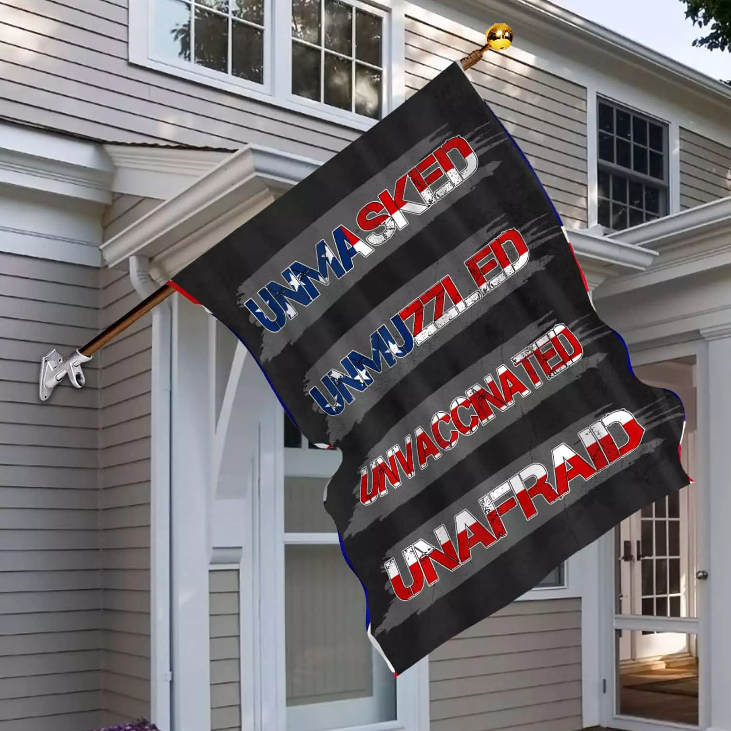 1O uu tien. Unmasked Unmuzzled (2) House Flag Mockup 6