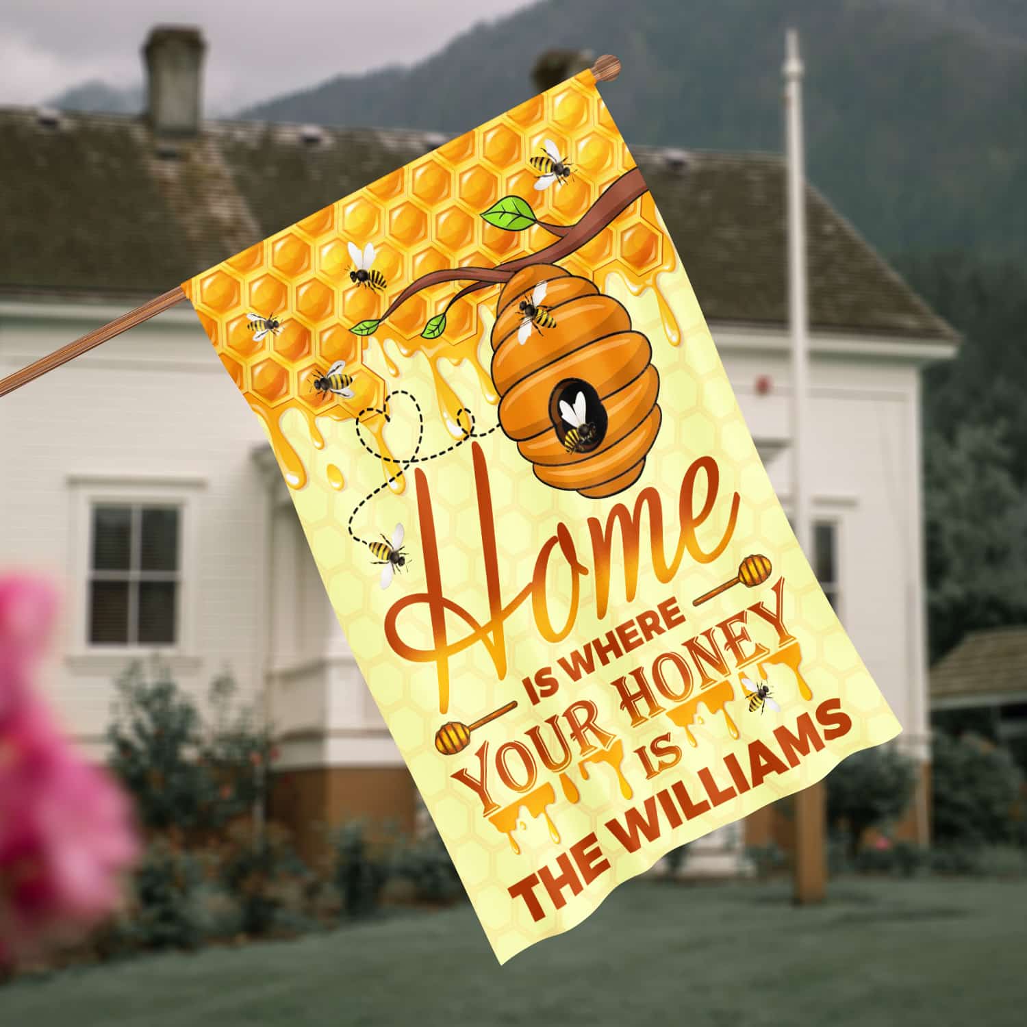 3QT. Home Is Where (Sample Design) House Flag Mockup 4
