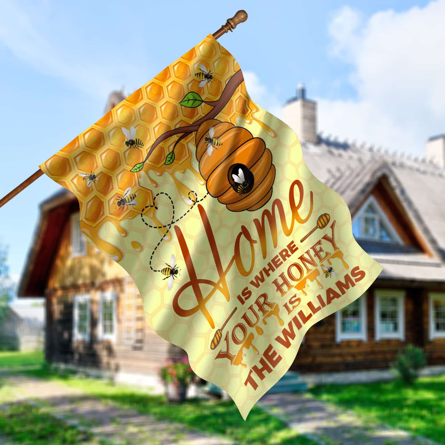 3QT. Home Is Where (Sample Design) House Flag Mockup 5