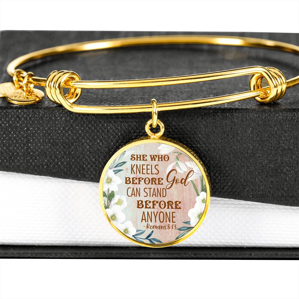 She Who Kneels Before God Can Stand Before Anyone Romans 8:31 Circle Pendant Necklace