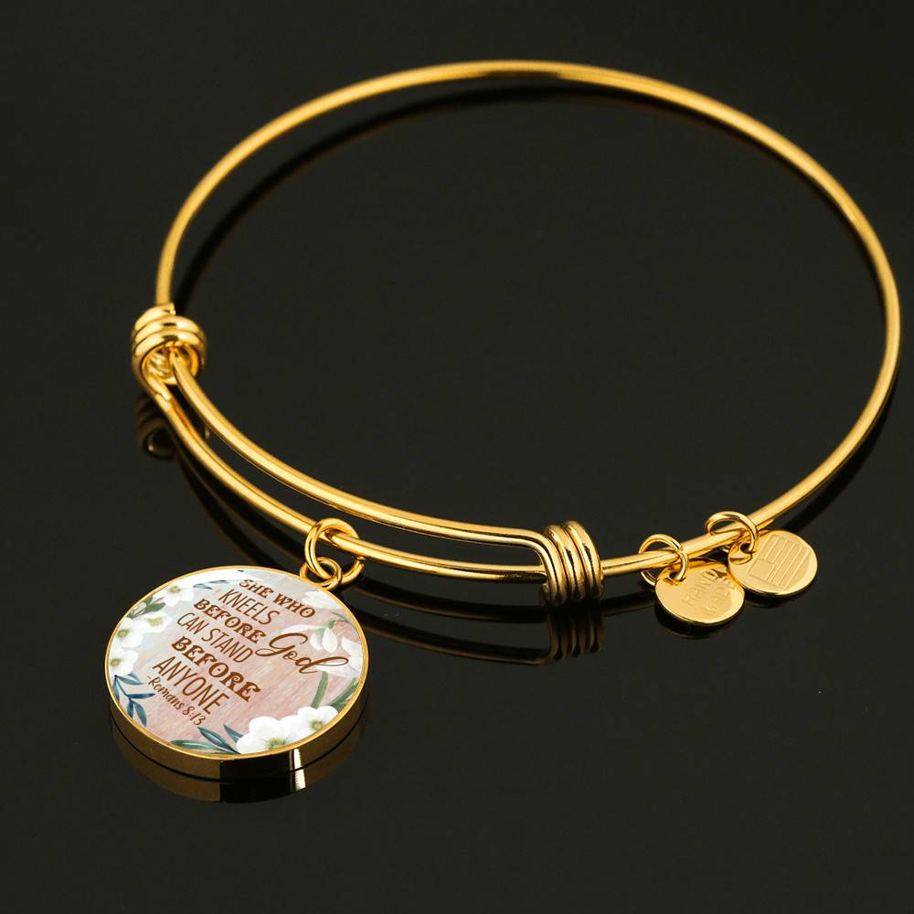 She Who Kneels Before God Can Stand Before Anyone Romans 8:31 Circle Pendant Necklace