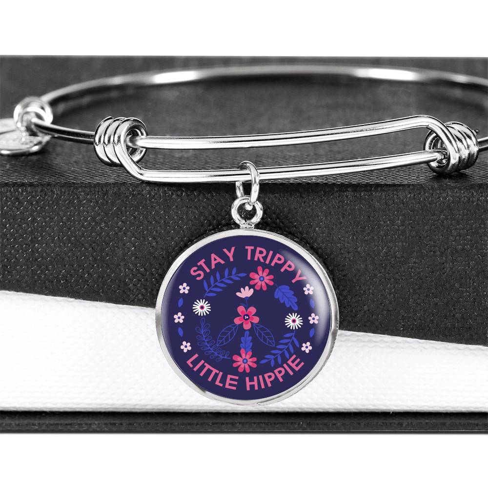 Stay Trippie Little Hippie Peace Sign Floral Circle Pendant Necklace
