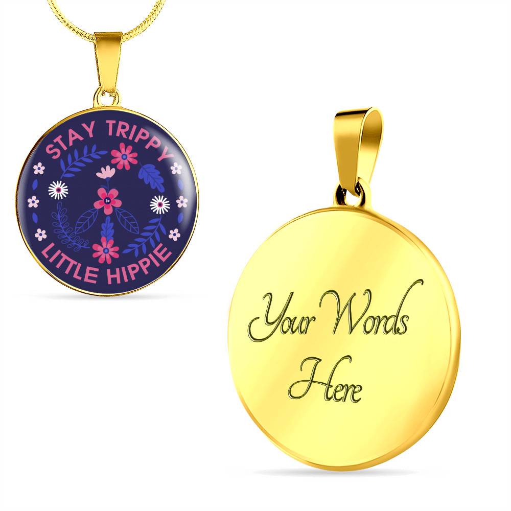 Stay Trippie Little Hippie Peace Sign Floral Circle Pendant Necklace