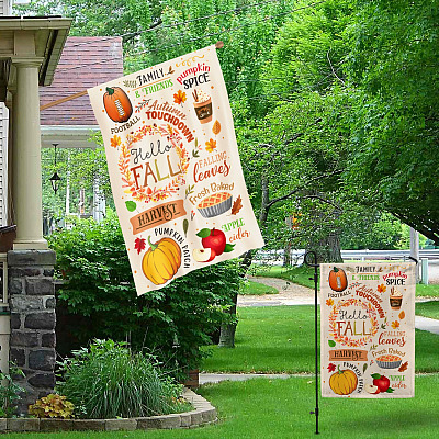 Alternative view of Hello Fall Activities Garden Flag - Seasonal Autumn Football Leaves Pumpkin Apple Family Friend House Flag
