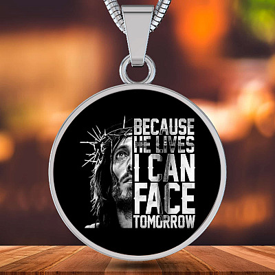 Alternative view of Because He Lives I Can Face Tomorrow Jesus Circle Pendant Necklace - Bangle