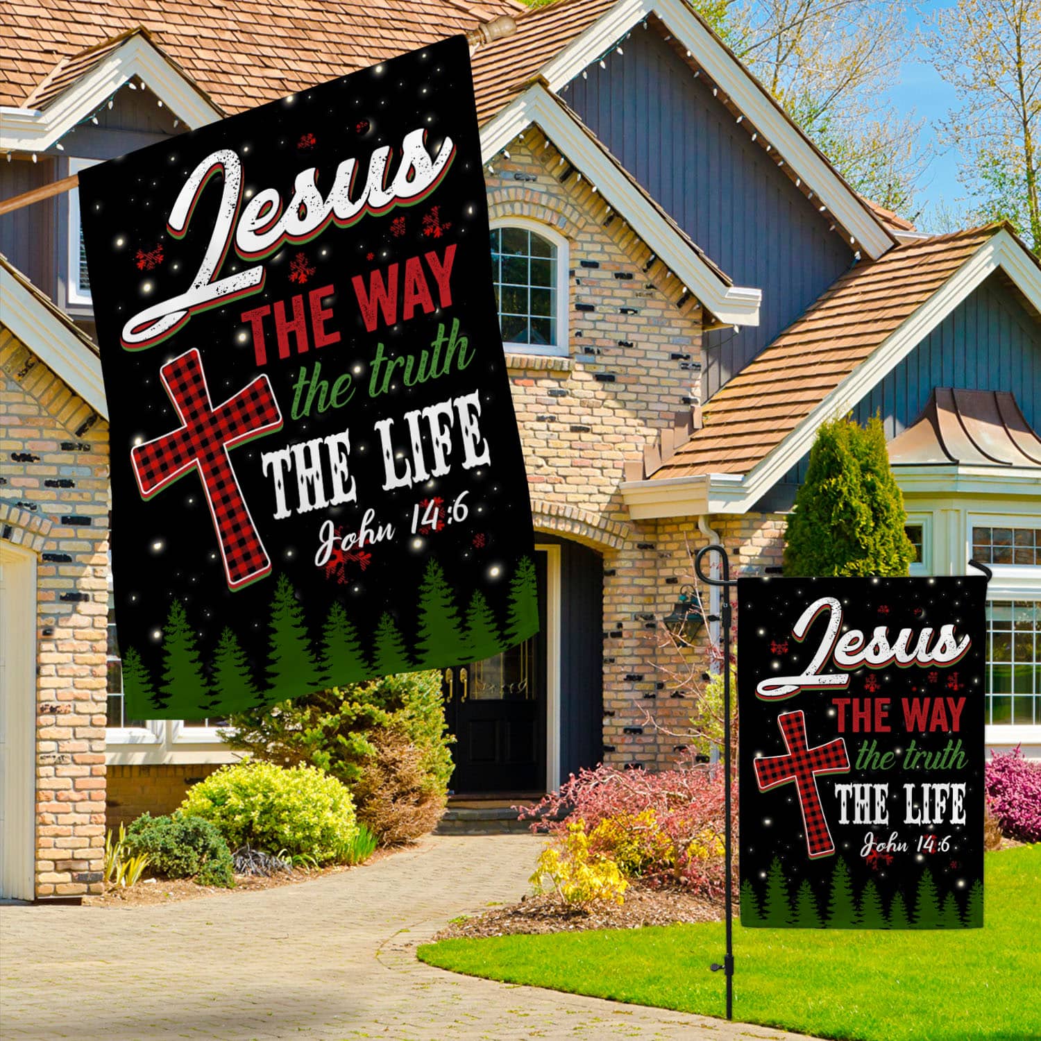 5MH. Jesus Way Flag 30x40 Garden & House Mockup 3