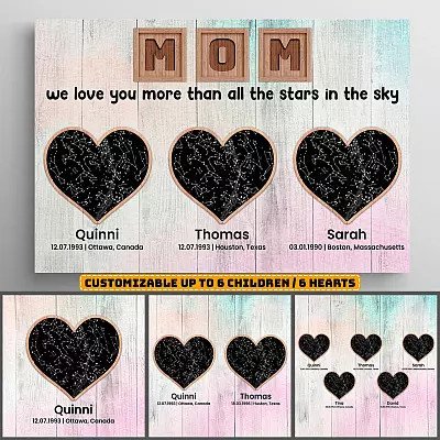 Mom We Love You More Than All The Stars In The Sky Personalized Children Names Canvas - Custom Family Name Star Map Constellation Canvas Wall Art