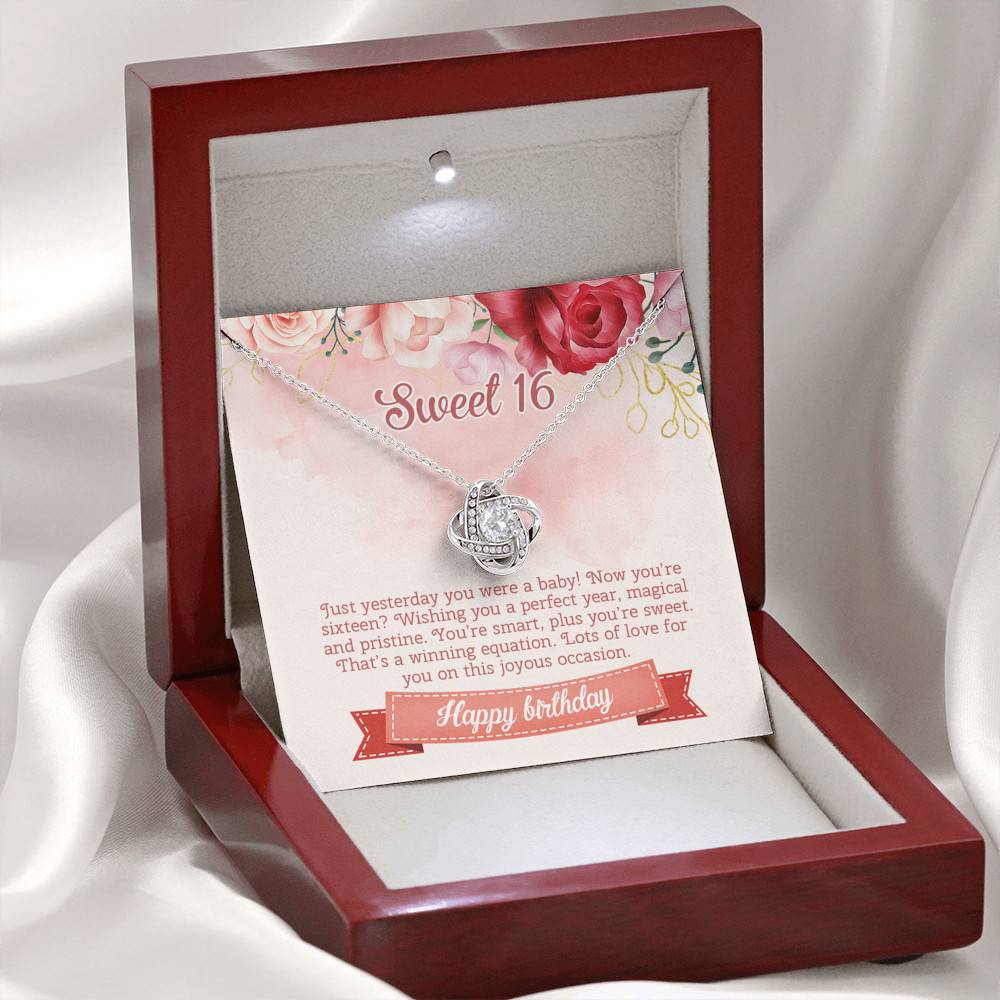 Sweet 16 Happy Birthday Love Knot Necklace - Sweet Sixteen 16th Birthday Necklace - Birthday Jewelry Gifts
